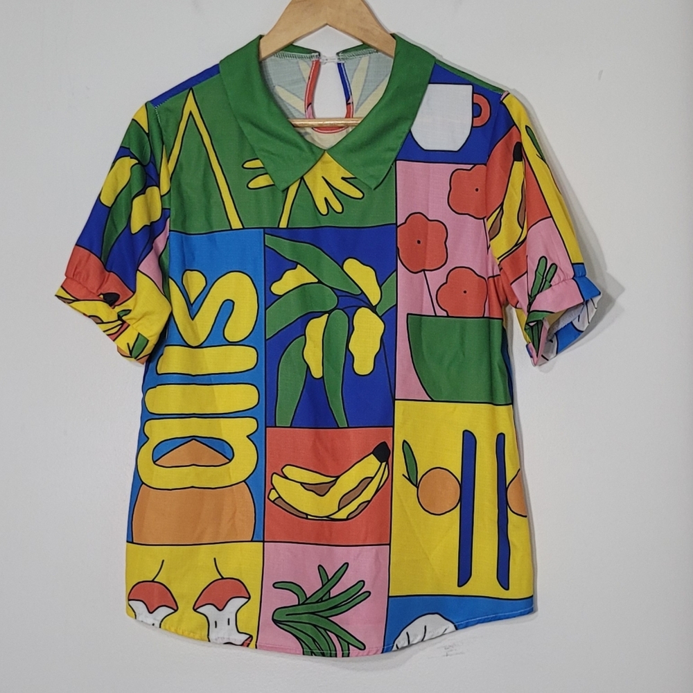 Pop Art Multicolored Abstract Prints Short Sleeve Lightweight Blouse Size Small - Picture 11 of 14
